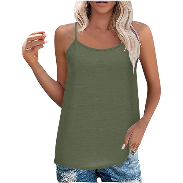 KIHOUT Nouveaux Hauts de Mode d'Été pour Femmes 2024, Tee-Shirts Décontractés Sans Manches à Col Rond Couleur Unie Débardeur Vert Armée TG