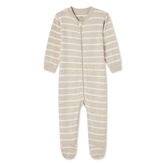 George Dormeuse Imprimée pour Bébés Garçons en Rayures Horizontales beige et Blanc, Fabriquée en Coton 100 % Respirant avec Manches Longues, Poignets Côtelés, Encolure Ronde, Fermeture Éclair Intégrale et Pieds de Lit Attachés avec Antidérapants pour la Stabilité, Conçue pour les Bébés de 0 à 24 Mois.