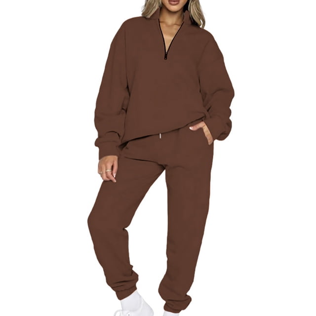 MAWCLOS Women Jogger Sets Long Sleeve Tracksuit Set Solid Color Two Piece Outfit Breathable Sports V Neck Sweatsuits Coffee M