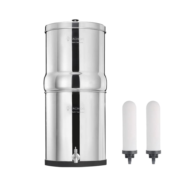 FACHIOO 2.25 Gallon Stainless Steel Gravity-Fed Water Filter System with 2 White Ceramics Purification Washable Filter, Portable Countertop Filter Sy