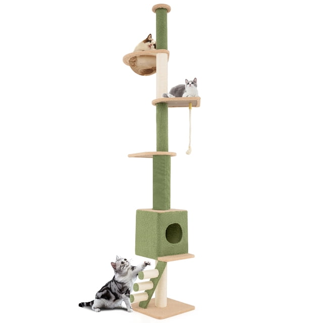 Gymax Floor to Ceiling Cat Tree with adjustable height from 86'' to 99.5''. This large cat tree features a green and brown multi-level design with a space capsule condo, sisal scratching posts, a 3-step ladder, and plush platforms. Ideal for cats to climb, scratch, and relax.