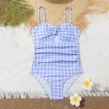 TopLLC Children'S Swimsuit 6-12 Years Blue And White Checkered Striped Swimsuit Summer Beachwear Bikini Set cute swimsuit