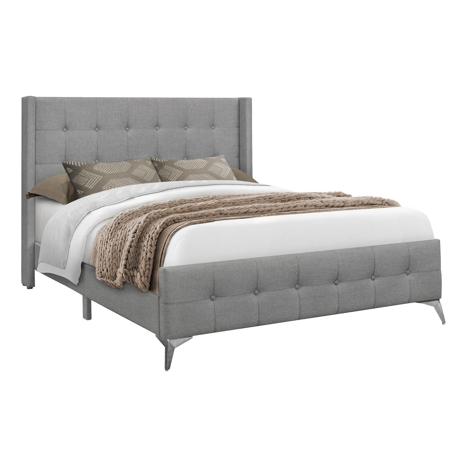 Monarch Specialties  Lit, Grand, Plate-forme, Chambre À Coucher, Cadre, Rembourré, D'aspect Lin, Pieds En Métal, Gris, Chrome, Transitionnel
