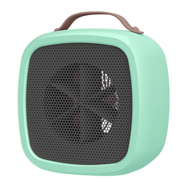 Triple Safety Protected Portable Electric Space Heater by Dutchman, featuring a compact design with a mint green casing and a black mesh front. Equipped with triple safety protection against overheating, tip-over, and flame risks. Utilizes PTC ceramic technology for energy efficiency and quiet operation, ideal for home offices and personal spaces.