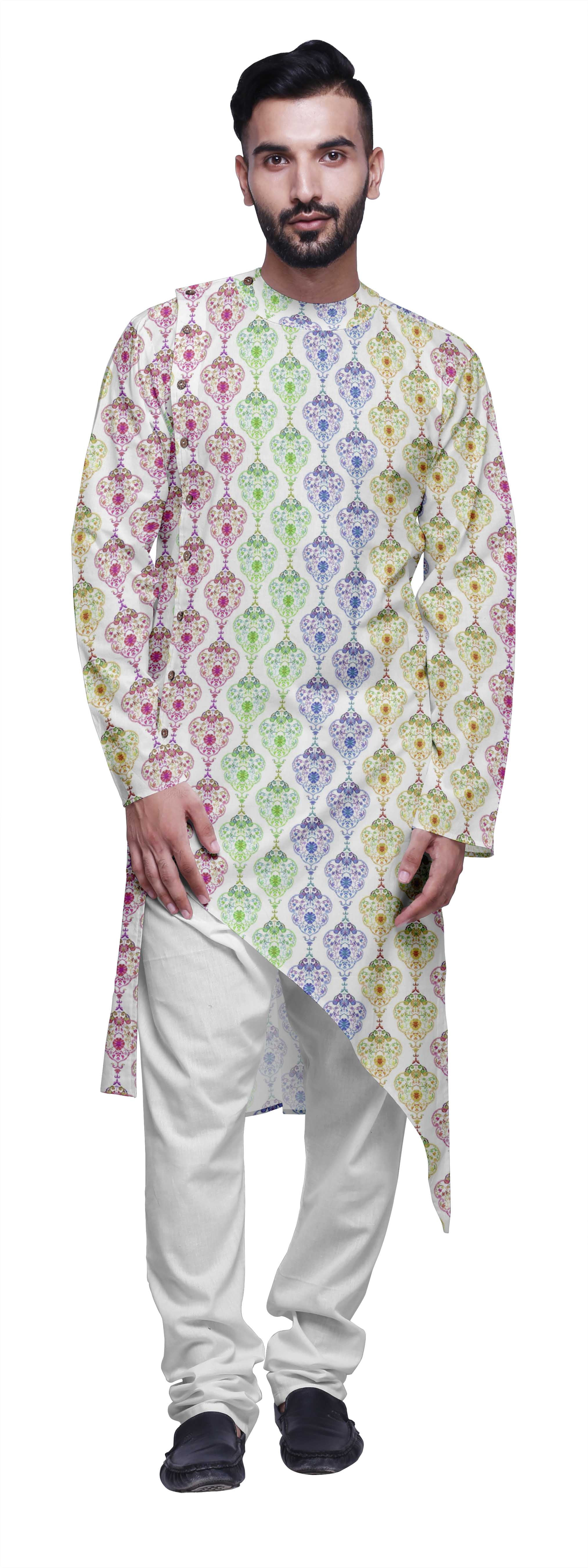 Atasi Kurta Ethnique Imprimé avec Ensemble de Pyjama Churidar Blanc pour Hommes Tenue d'Été