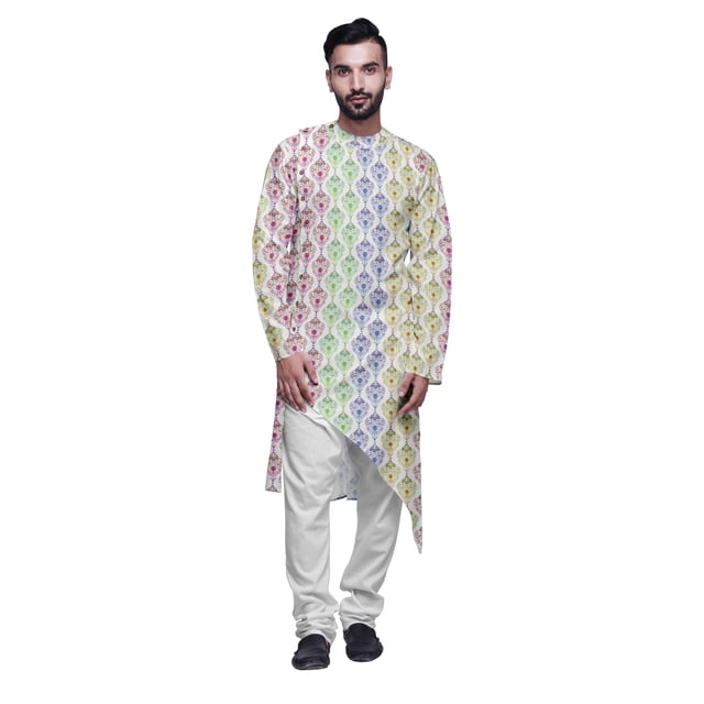 Atasi Indian Asymmetric Party Wear Kurta With White Churidar Pajama Set For Men