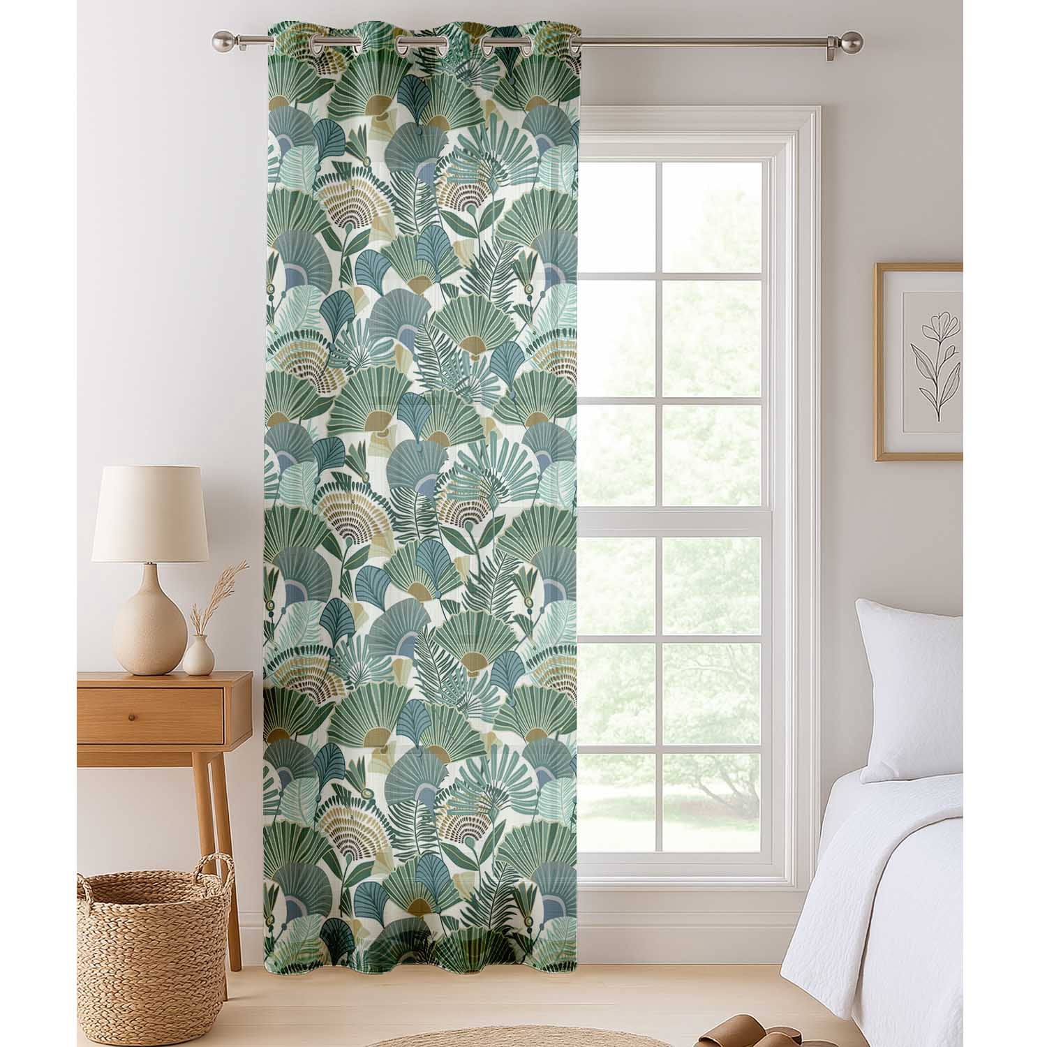 Vargottam Green Tropical Leaves Design Sheer Curtains for Window & Door - 2 Panel Set, 84", Grommet Top, Light Filtering Georgette Drape for Living Room, Bedroom, or Office