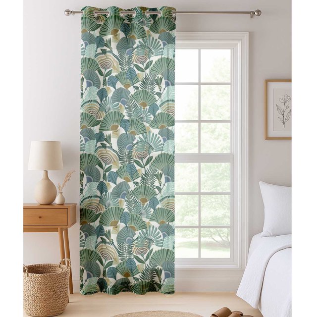 Vargottam Green Tropical Leaves Design Sheer Curtains for Window & Door - 2 Panel Set, 84", Grommet Top, Light Filtering Georgette Drape for Living Room, Bedroom, or Office