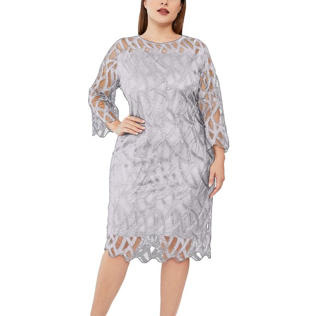 LSLJS Fashion Women Sexy Plus Size Long Sleeve Splicing Perspective Sequin Dress