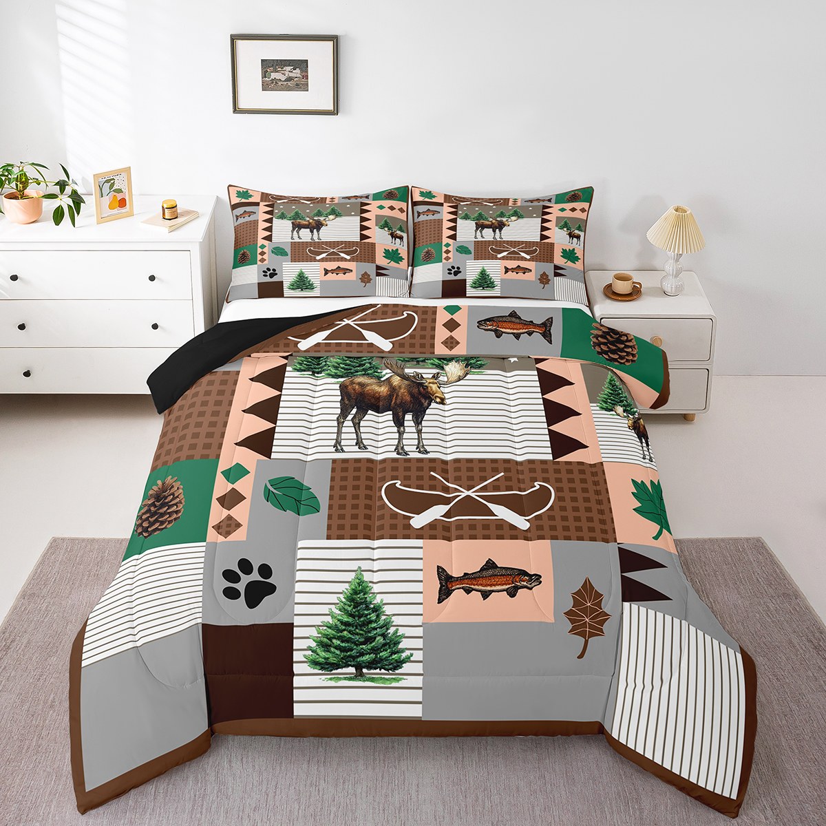 Moose Lodge Comforter Set,Rustic Famhouse Boat Bass Fish Adventure Bedding Set for Teens Young Room,Retro Brown Gray Plaids Stripes Patchwork Quilt Set 3 Pcs with 2 Pillowcases,Full