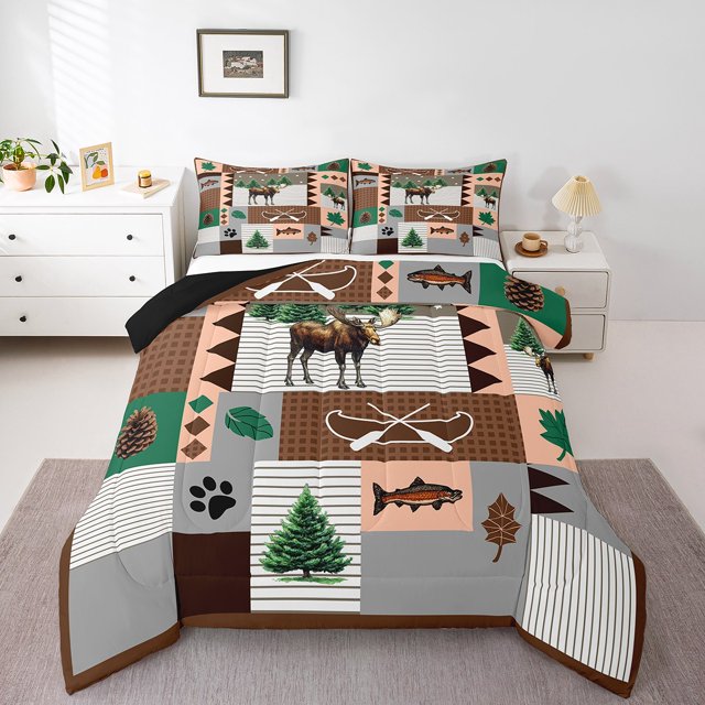 Ensemble de Douillette Moose Lodge, Ensemble de Literie Aventure Rustique Ferme Bateau Achigan pour Chambre d'Enfants Ados, Ensemble de Courtepointe Patchwork Rétro Carreaux Rayures Brun Gris 2 Pcs avec 1 Taie d'Oreiller, Tout-Petit