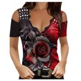 thumbnail image 2 of EGNMCR T-Shirts pour Femmes Chemisier Tunique à Manches Courtes à Col en V Ample Imprimé Floral Brisé pour Femmes Hauts, 2 of 5