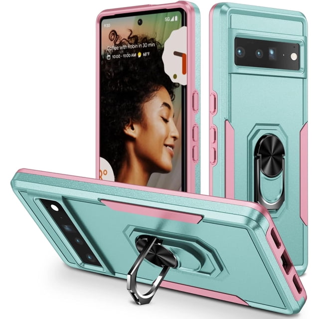 KOMI for Google Pixel 8 Case with Screen Protector, Built in 360°Adjustable Ring Kickstand Military Protective Armor ShockProof Cover - Green