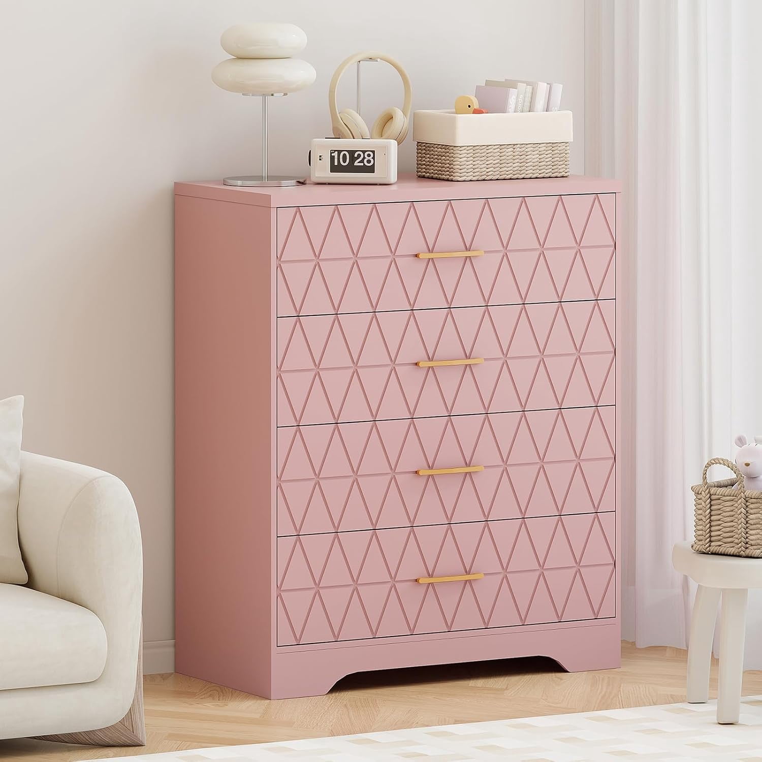 Tall Dressers for Bedroom with 4 Drawers, Wood Chest of Drawers with Gold Handles for Closet, Modern Nightstand for Bedside, Wooden Dresser Storage Organizer for Living Room, Hallway