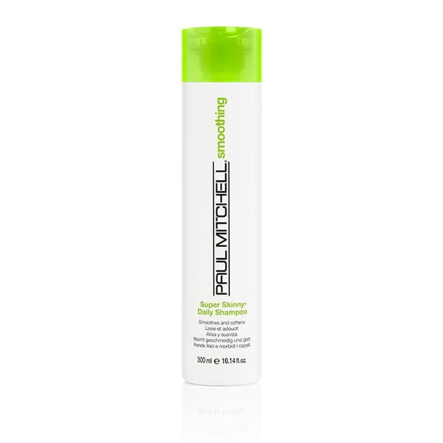 Paul Mitchell Super Skinny Daily Shampoo in a white 300 ml bottle with a bright green cap, featuring a lightweight, colour-safe formula that smooths hair, reduces frizz and dry time, and softens for a sleek, shiny finish ideal for daily hair care.