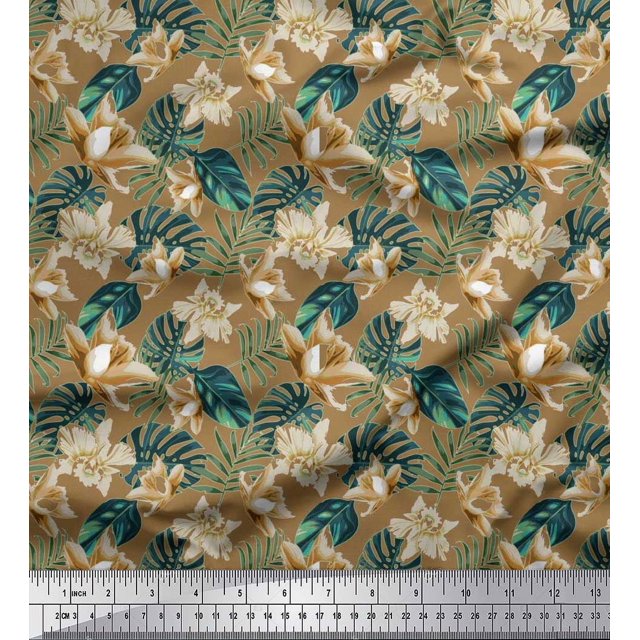 Soimoi Georgette Viscose Fabric Monstera Leaf & Floral Printed Fabric 1 Yard 42 Inch Wide
