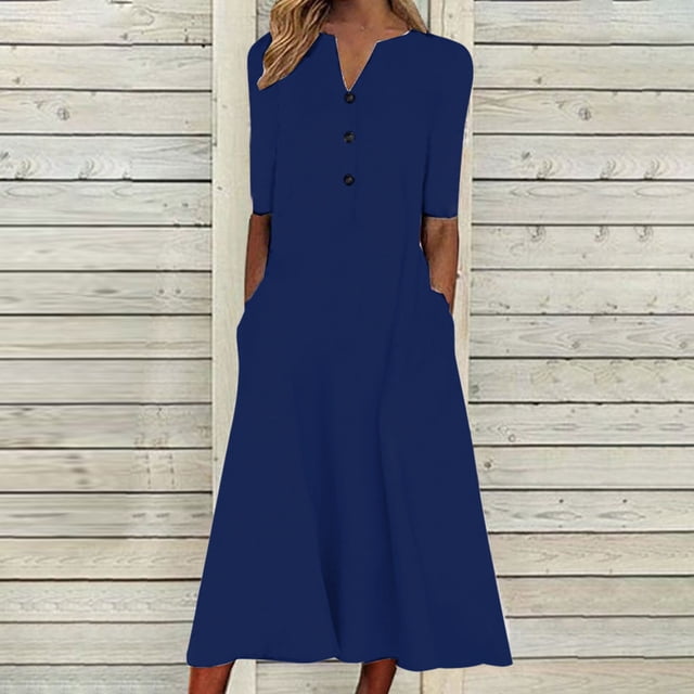 Robes d'Invitée de Mariage d'Été pour Femmes 2023 Mode Femmes Été Imprimé Décontracté Col en V Bouton Manches Courtes Vacances Poches Robe Décontractée Robes d'Été pour Femmes en Liquidation