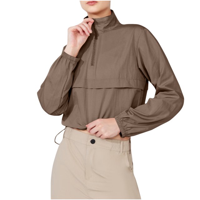 Timegard Tops for Women Lapel Neck Zipper Long Sleeve Crop Top Drawstring Hiking Outdoor Protection Tee
