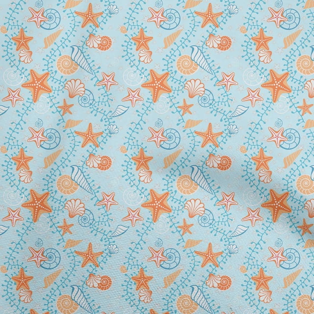 oneOone Polyester Spandex Baby Blue Fabric Beach Seashell Craft Projects Decor Fabric Printed By The Yard 56 Inch Wide