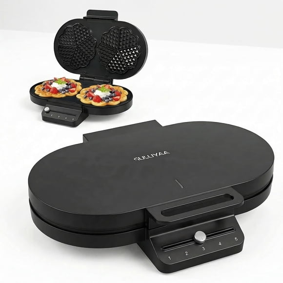 Electric Heart-Shaped Waffle Maker: Upgraded Fast Double-Side Heating - Nonstick Double-Plate Baker Make 10 Heart Waffles - 5-Level Browning Control & No-Flip Design &Compact for