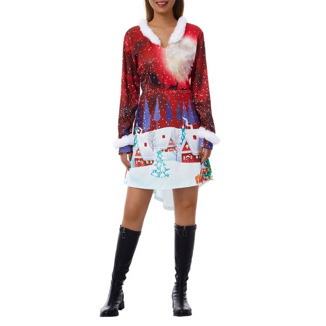 FOCUSNORM Robe de Noël Juniors pour Femmes Manches Longues en Peluche Col en V Dessin Animé Fête Midi