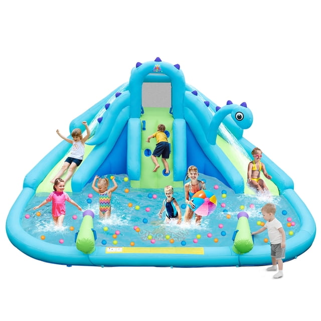 Gymax Inflatable Water Slide Blowup Water Park featuring dual slides, a climbing wall, two water cannons, and a large splash pool. Designed for kids aged 3 to 10, the multicolour inflatable structure is made of durable 420D PVC-coated oxford cloth and mesh fabric. The water park includes vibrant dinosaur-themed details and offers endless fun with reinforced stitching for safety. Accessories such as ground stakes, water hose kits, repair kits, and a carry bag are included for easy setup.