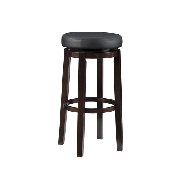 Tabouret de Bar Noir Alma avec Siège Pivotant Rond en Similicuir Noir Pelucheux sur un Cadre Robuste en Bois Foncé avec des Pattes Légèrement Évasées et un Repose-Pieds Circulaire, Conçu pour les Sièges de Cuisine et de Salle à Manger avec une Hauteur de Siège de 31,1 Pouces et un Rembourrage Facile à Nettoyer.