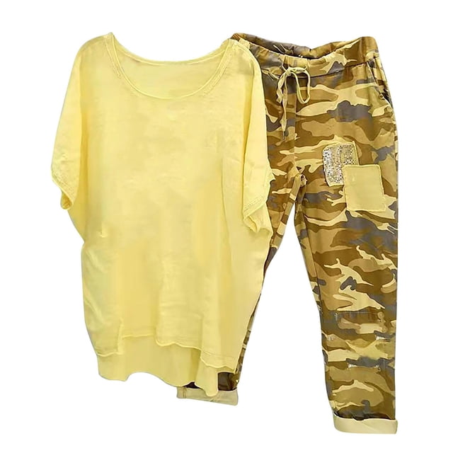 Mikilon Ensemble de Détente Confortable pour Femmes 2 Pcs Imprimé Décontracté Manches Moyennes Col Rond + Pantalon Jaune-A 4TG