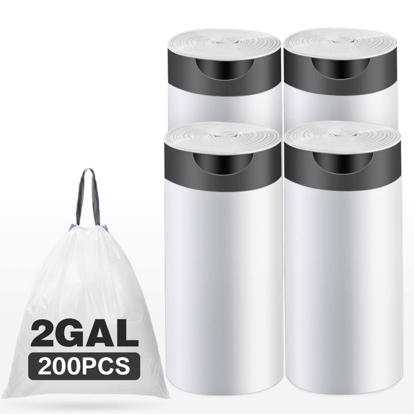 2 Gallon Drawstring Trash Bags,Small Kitchen Garbage Bags Strong Small Trash Bag for Kitchen Bathroom Bedroom Office,200 Counts White