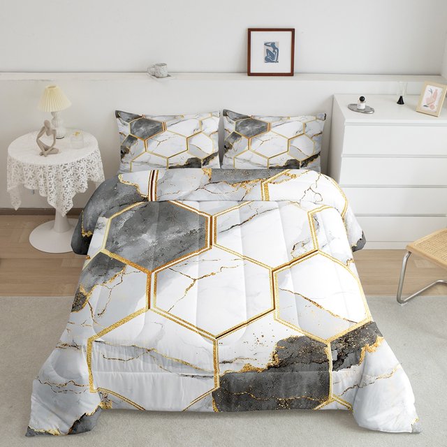Gold Marble,Bedding Set Queen Size Geometric Hexagon Quilt Metallic Marbling Comforter Set Grey White Stone Pattern Bedding Comforter Sets For Kids Teens Bedroom Decor