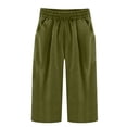 thumbnail image 4 of DPTALR Women's Summer Cotton And Linen Solid Color Pockets Elastic Waist Capris Shorts Pants, 4 of 4