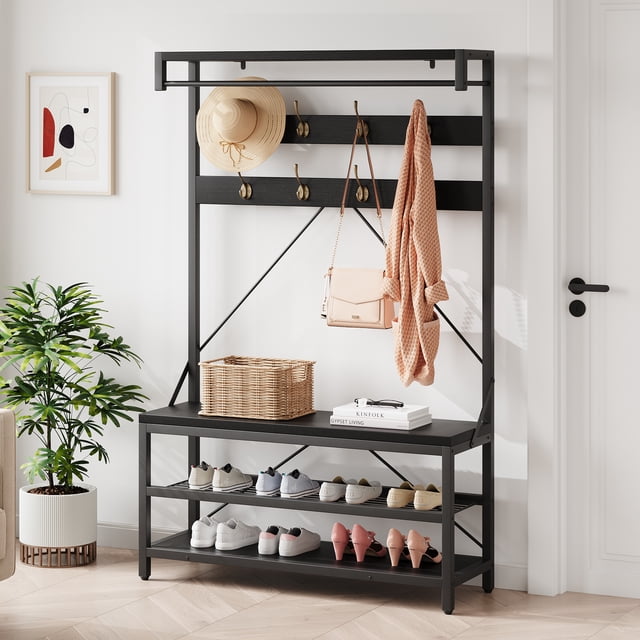 Garvee Industrial 3-Tier Hall Tree with Bench, 39.9" Coat Rack & Shoe Storage for Entryway, Hallway, Living Room