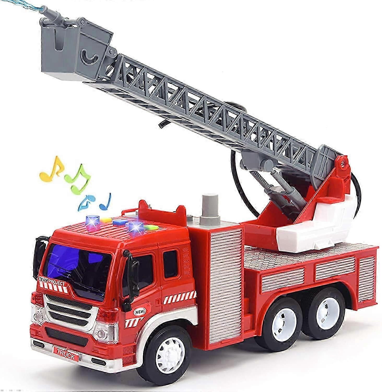 Fire Truck Toy with Lights and Sounds, 10.5" Friction Powered Car Fire Engine Truck with Water Pump, Sirens and Extending Ladder Firefighter Toy Truck