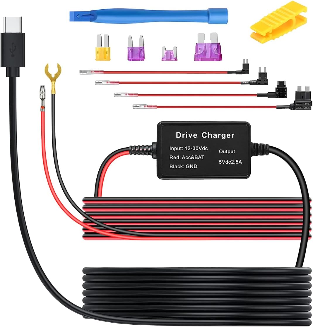 CGEAMDY Dash Cam Charger Power Cord Universal Dash Cam Hardwire Kit Type-C USB Hard Wire Kit 12V-24V to 5V Hardwire Kit with Low Voltage Protection Fits Dashcam GPS Power Supply Detectors