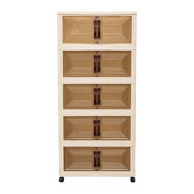 Intexca Armoire de Rangement Pliable à 5 Niveaux avec Roues, Organisateur Vertical Empilable en Plastique avec Portes Transparentes, outil-Free Assembly, Beige/blanc