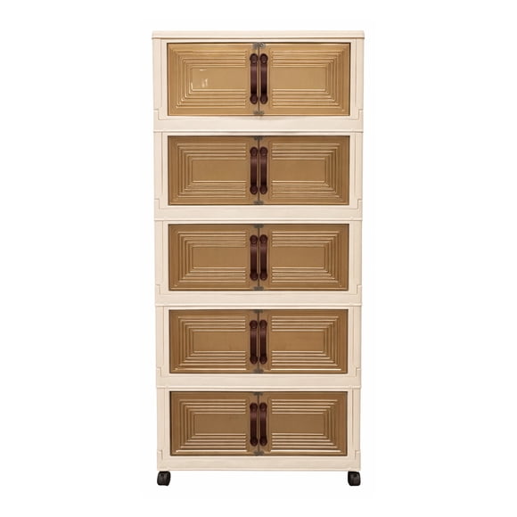 Intexca 5-Tier Folding Storage Cabinet with Wheels, Stackable Vertical Plastic Organizer with Transparent Doors, Tool-Free Assembly, Beige/White