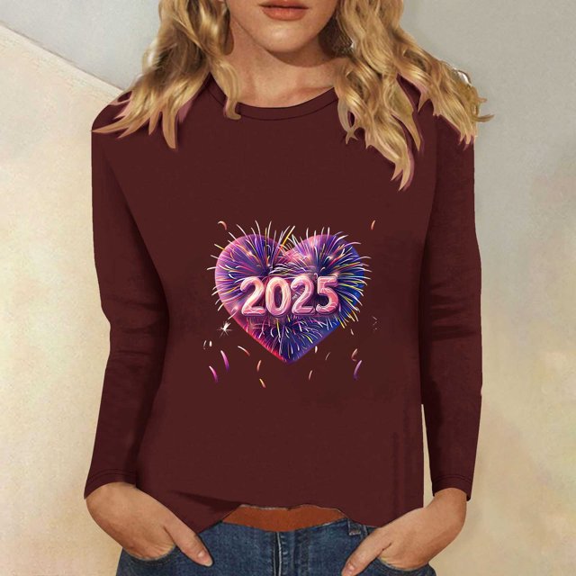 Styesk Chemises à Manches Longues pour Femmes Nouvel An T-shirt Décontracté Imprimé Col Rond Manches Longues