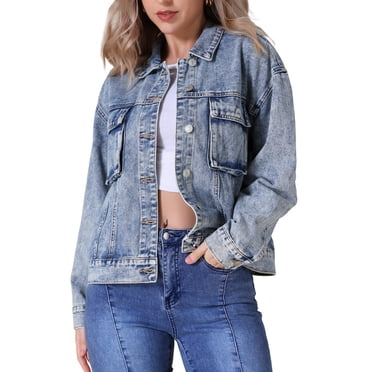 INSPIRE CHIC Women's Oversized Denim Button Down Chest Flap Pockets Jean Jacket L Gray Blue