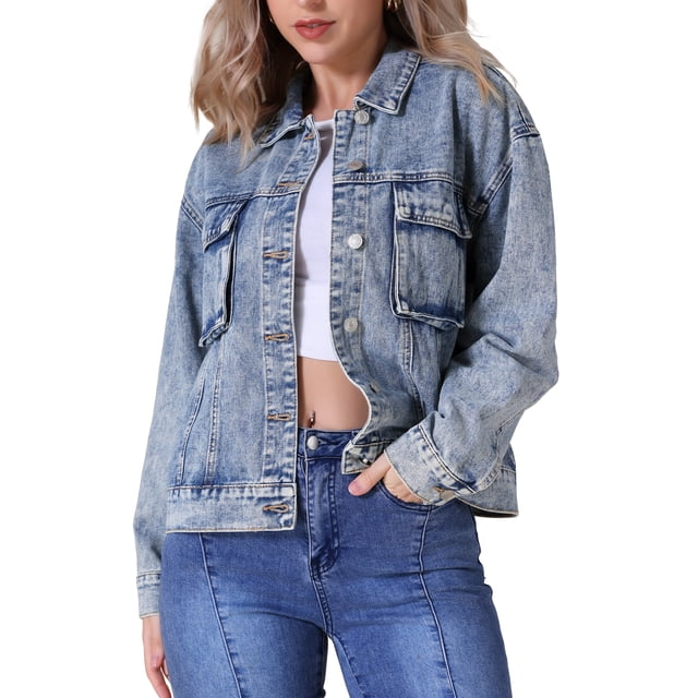 INSPIRE CHIC Women's Oversized Denim Button Down Chest Flap Pockets Jean Jacket L Gray Blue