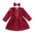 thumbnail image 1 of Toddler Baby Girl Fall Spring Dress Corduroy High-Waist Ruffle Buttons Princess Dress With Bow Headband, 1 of 7