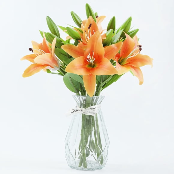 8 Pcs Artificial Tiger Lily Real Touch Fake Easter Lily Flowers for Wedding Home Party Easter Decoration Plastic Lily Faux Flowers (Orange, 8)