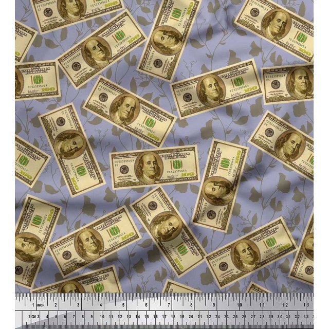 Soimoi Rayon Fabric Dollar Currency Note & Leaves Print Fabric by The Yard 42 Inch Wide
