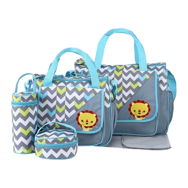 Diaper Bag Set with Bottle Bag Large Capacity Holdall Tote Bag Shoulder Backpack Gray. This 5-piece set includes a large bag, small bag, bottle bag, lunch storage bag, and diaper changing pad. Made of durable, lightweight cloth, the bags feature a gray chevron pattern with colorful accents and a cartoon lion design. The set includes hand straps and adjustable shoulder straps for easy carrying, along with smooth zipper closures. The large bag measures approximately 43x30.5x20cm, while the small bag is 32x25.5x15cm. Ideal for storing baby essentials like toys, bottles, and diapers.