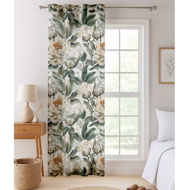 Vargottam Peony Botanical Print Sheer Georgette Curtains for Windows & Small Doors - Set of 2 Panels, 72" Long, Grommet Top, Printed Light Filtering Drapes for Living Room or Study
