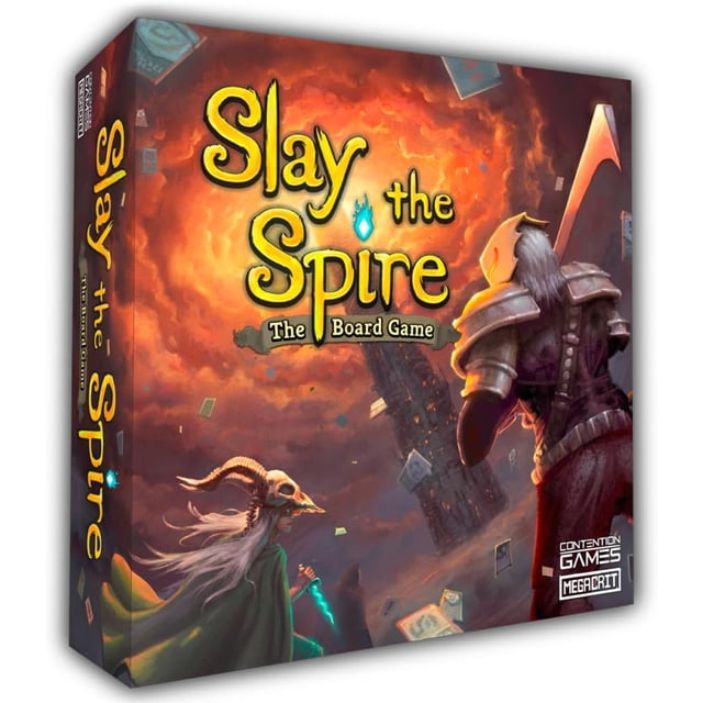 Slay The Spire : le Jeu de Société par Contention Games, une Aventure Coopérative de Construction de decks pour 1 à 4 Joueurs de 12 Ans et Plus. la Boîte de Jeu Présente une Illustration Vibrante de Deux Personnages Affrontant une Flèche Ardente, avec des Cartes et des Reliques Éparpillées en Arrière-Plan. Basée sur le Jeu Vidéo à Succès, les Joueurs Créent des decks Uniques, Rencontre des Créatures Bizarres, et Visez à Battre le boss à la