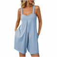 thumbnail image 1 of Yanlir 2025 Spring Summer Rompers for Women's Fashion Solid Round Neck Overalls Elastic Strap Sleeveless Pockets Short Jumpsuit(Light Blue#1,L), 1 of 7