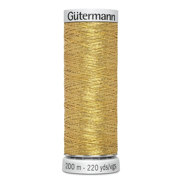 Gütermann Dekor Metallic Thread 200 m spool in gold metallic finish, tightly wound on a white plastic spool labeled with brand and length, designed for machine or hand embroidery, quilting accents, and decorative stitching with embroidery needle and balanced tension.