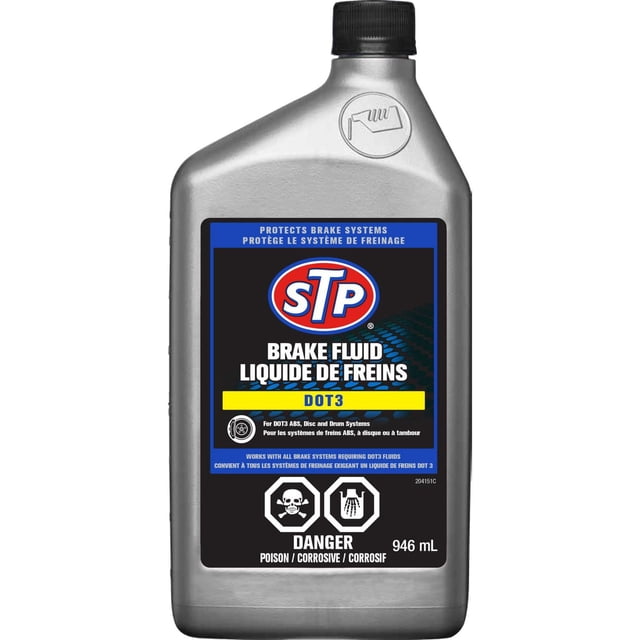 STP Brake Fluid DOT 3 (946 mL) in a silver plastic bottle with black screw cap, featuring a blue and black label with the red STP logo, bilingual text indicating protection for brake systems and compatibility with DOT 3 ABS, disc, and drum brakes, including poison and corrosive hazard warnings.