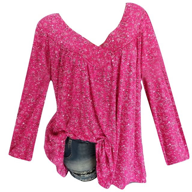 Pompotops Blouse Imprimée à Manches Longues et Col en V pour Femmes Grande Taille en Liquidation