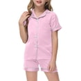 thumbnail image 1 of Kids Girls Silk Pajamas Set Solid Printed Button Down Solid Tops T Shirt Shorts 2PCS Summer Girls Outfits Set Pj For Girls 6-7, 1 of 6
